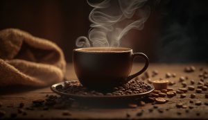 Fresh coffee steams on wooden table close up ,generative artificial intelligence